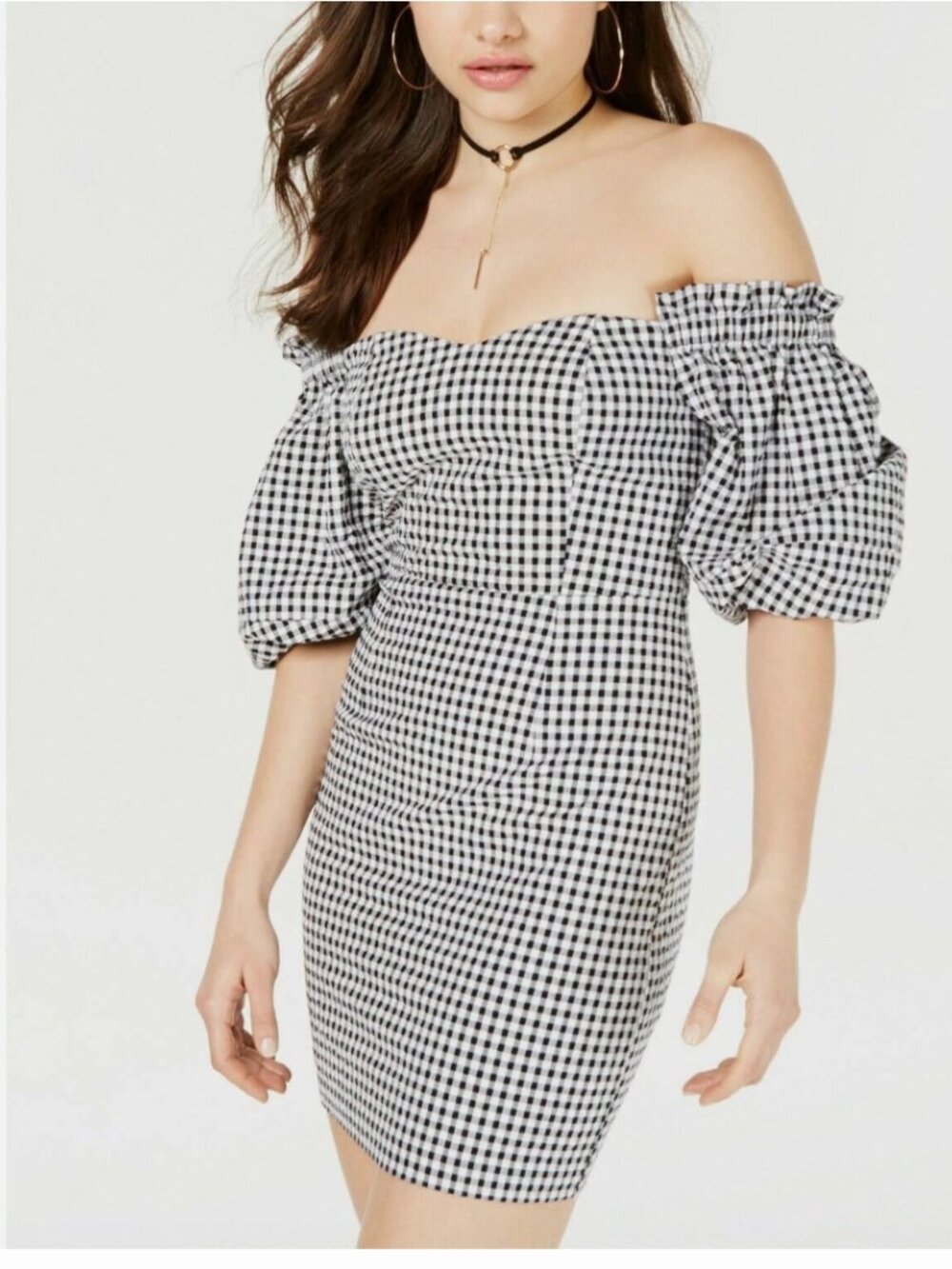 GUESS Gingham Smocked Mini Dress XS Black White Puff Sleeve